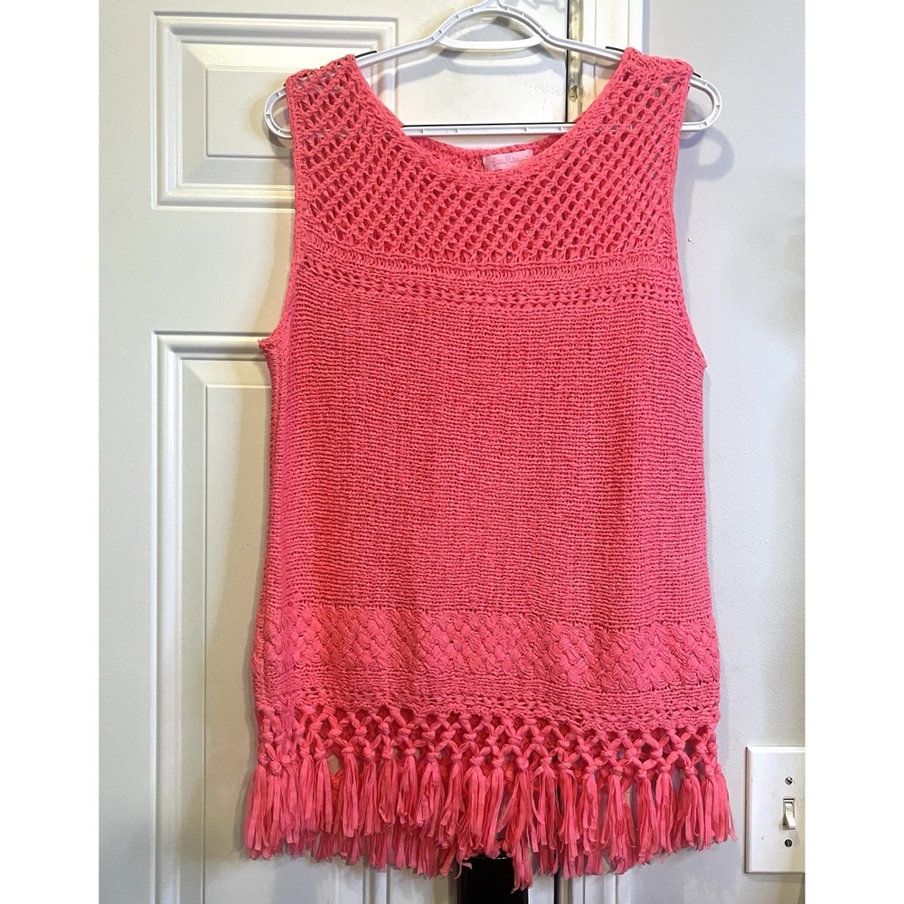 Lilly Pulitzer Luca Crochet Knit Stretch Tassel Fringe Tiki Pink Tank Top L 2017